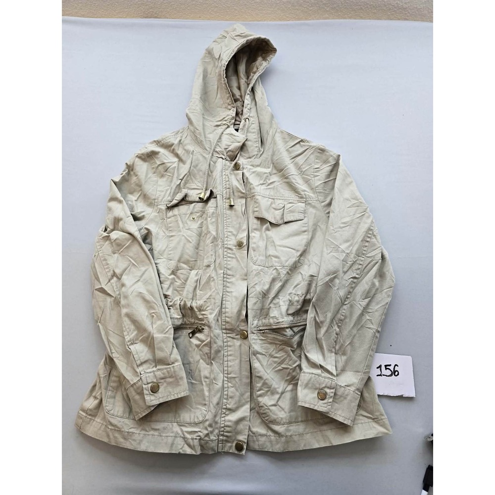 Miss London Womens XL Beige Hooded Utility Anorak Jacket Drawstring Pockets